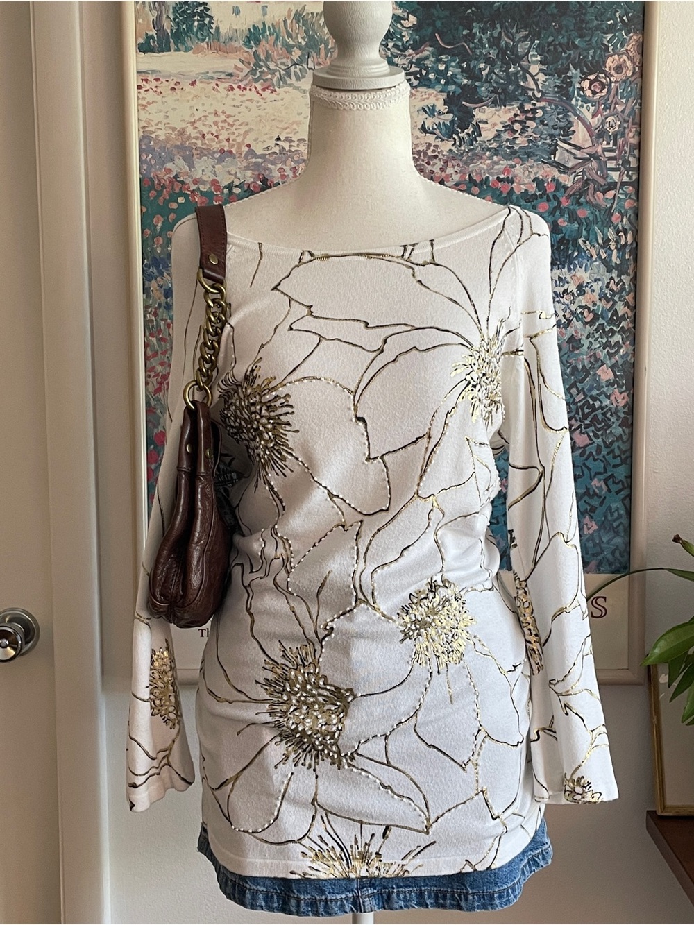 Caché Sweater Size Small White Boatneck Floral Beaded Fairy Boho Resort Fairy